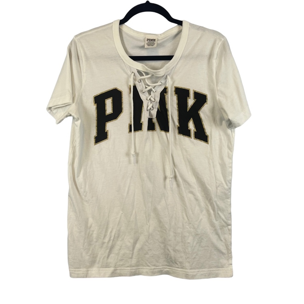 Victoria's Secret PINK logo tee shirt lace up detail on front logo woman's Small